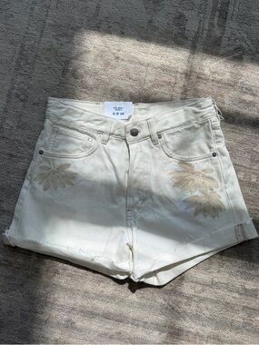 H&M Ivory Denim Shorts with Floral Embroidery